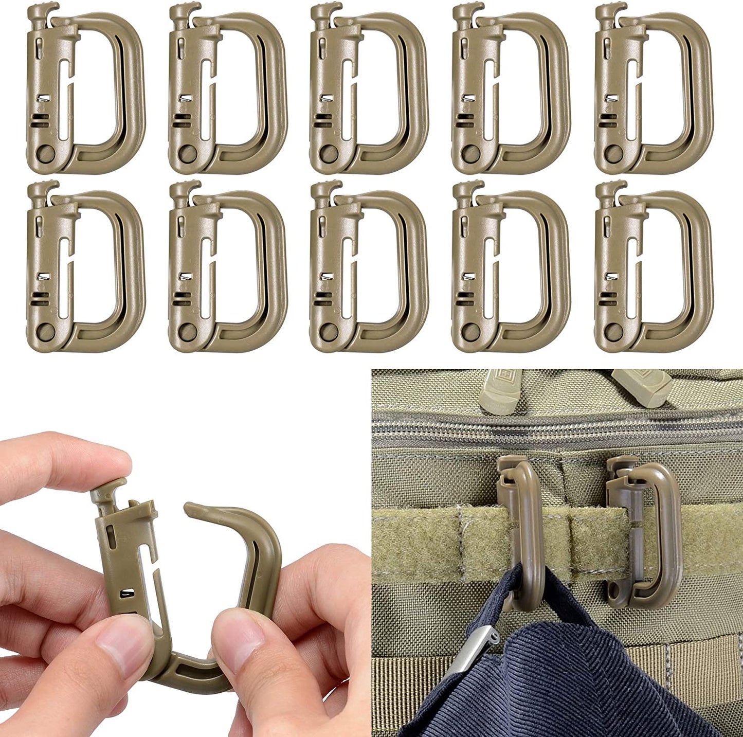 URBAN Wanted Khaki 10x D-Ring Locks For Ultimate Backpack MOLLE Webbing Straps System